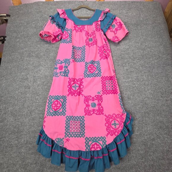 Vintage MAMO HOWELL Hawaiian Aloha Tropical Maxi Muumuu Dress Ruffles Pockets 12 - Picture 6 of 13